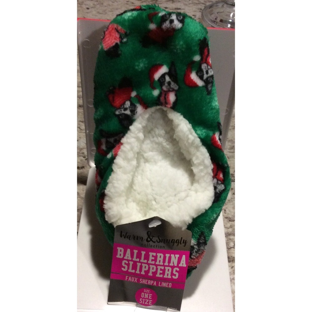 Warm Snuggly One Size Ballerina Slippers Green Boston Terrier Dog Christmas NEW‎